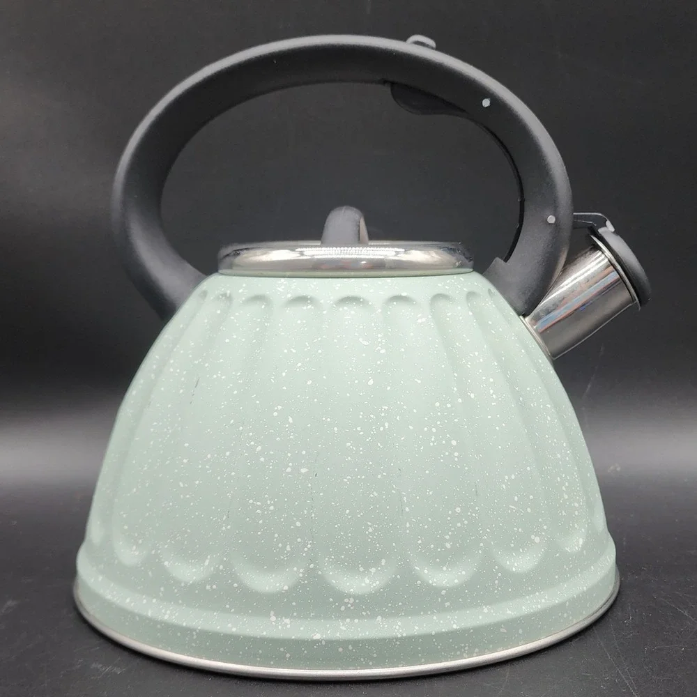 Dolly Parton Mint Green Speckled Whistling Tea Kettle Stainless Stovetop Retro